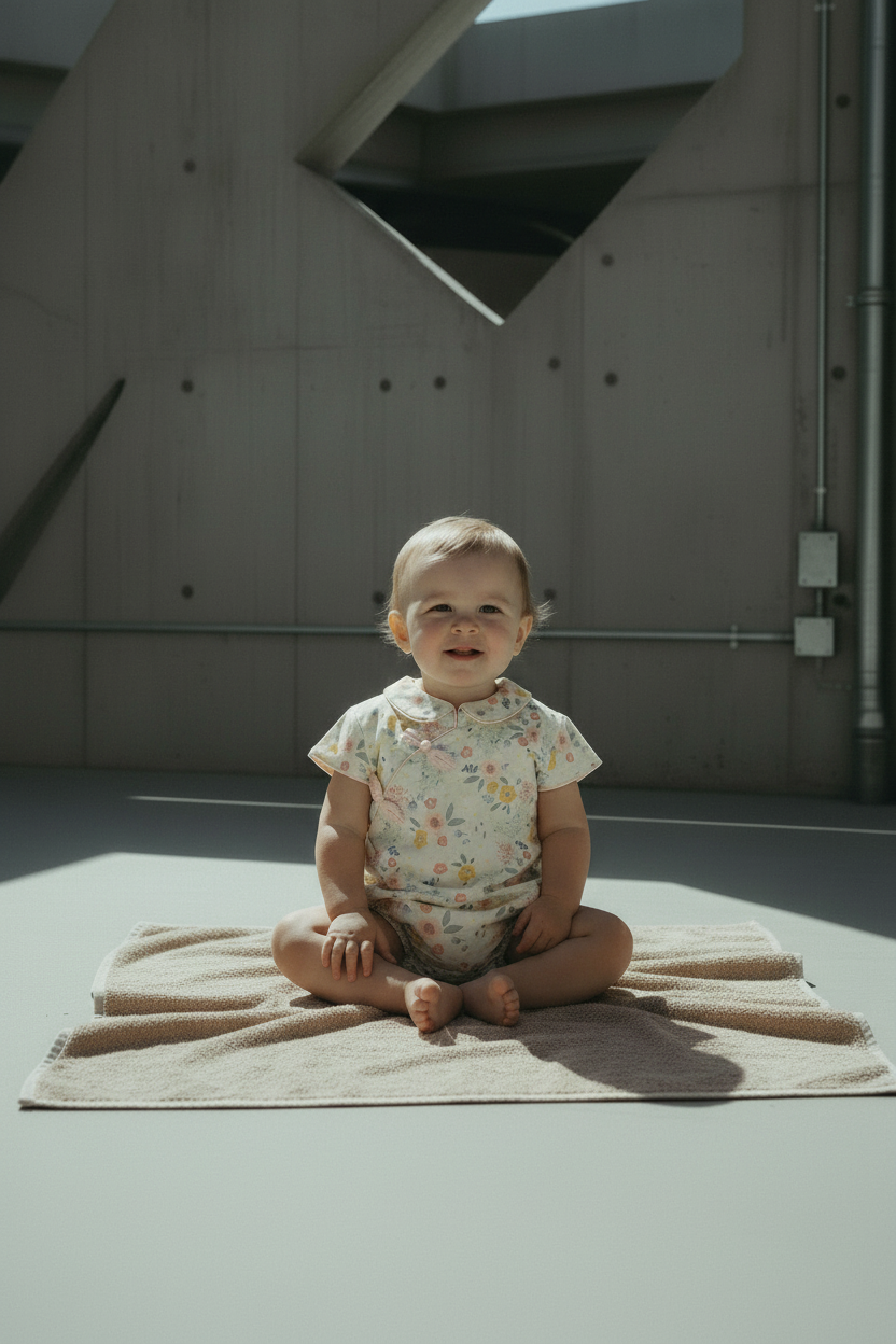 Baby sitting on visible towel in romper - editorial style