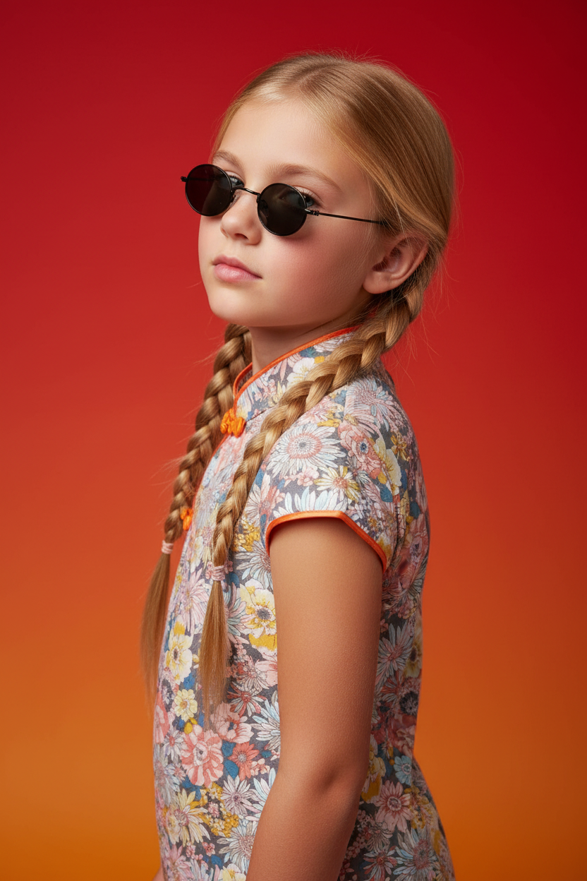 Blonde child model with small lens round sunglasses in floral mandarin dress