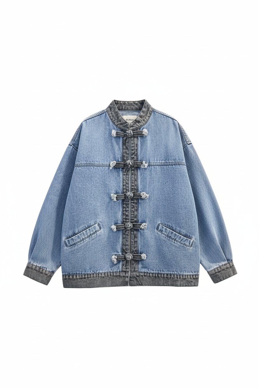 Clean product shot of blue denim jacket