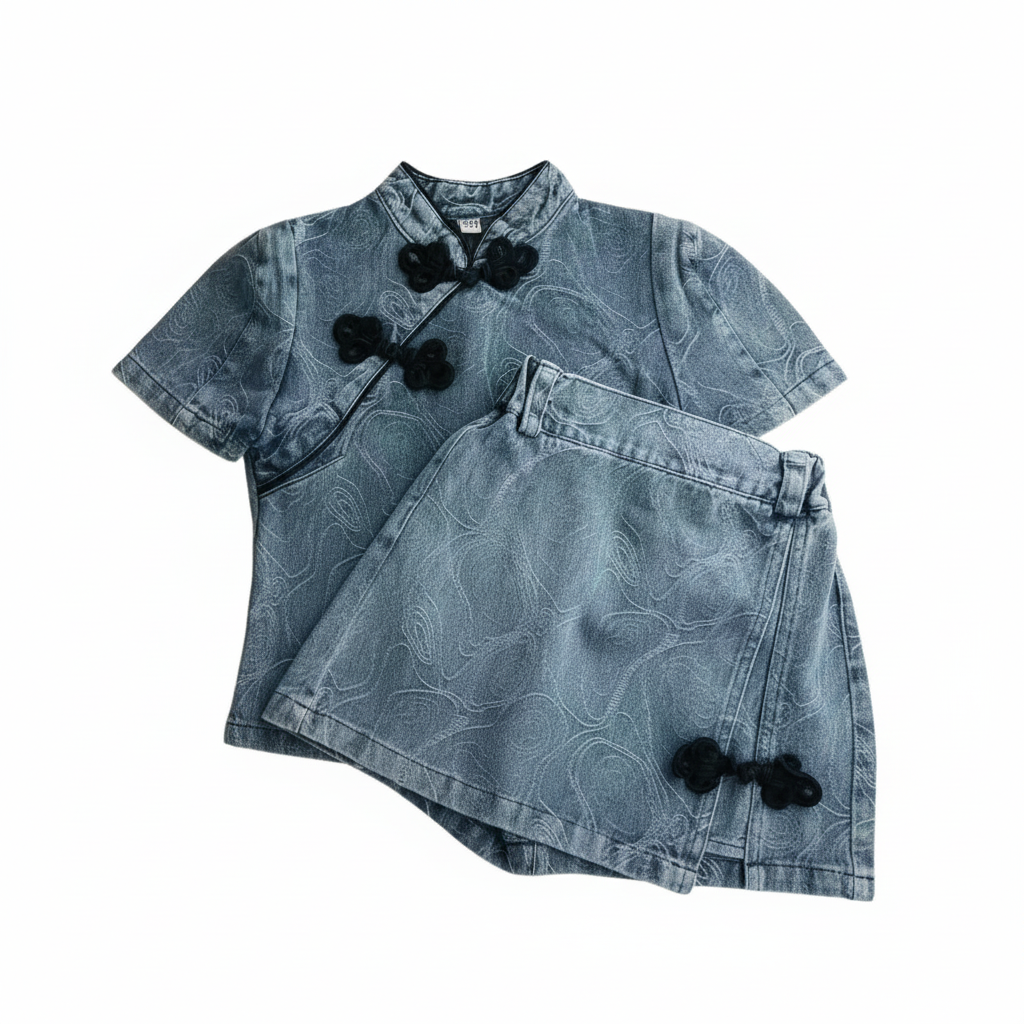 Clean product shot of blue qipao set