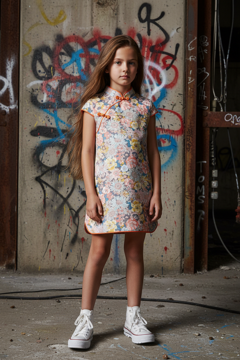 Editorial fashion shot of girl in floral dress