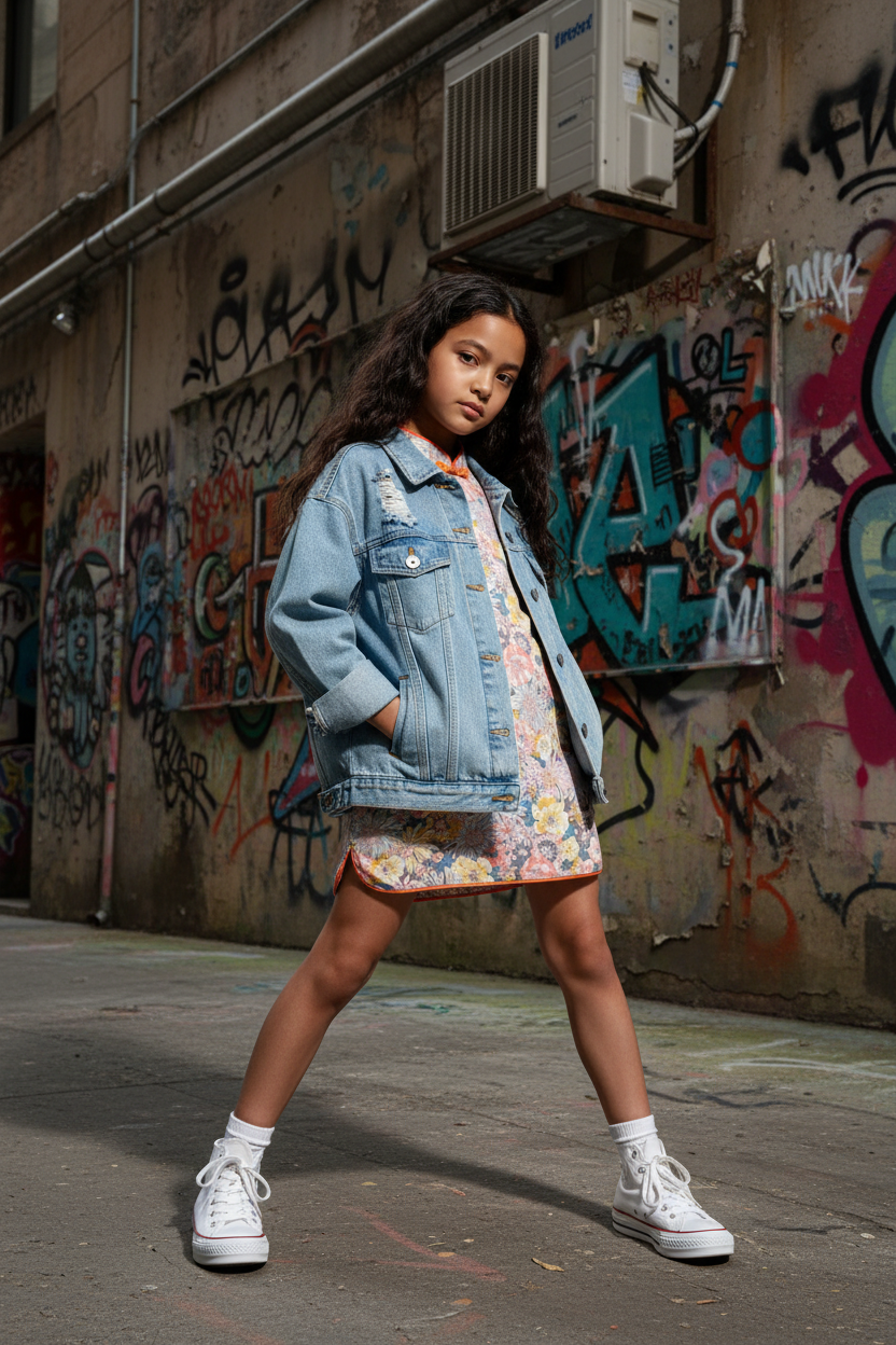 Editorial fashion shot with denim jacket over floral dress