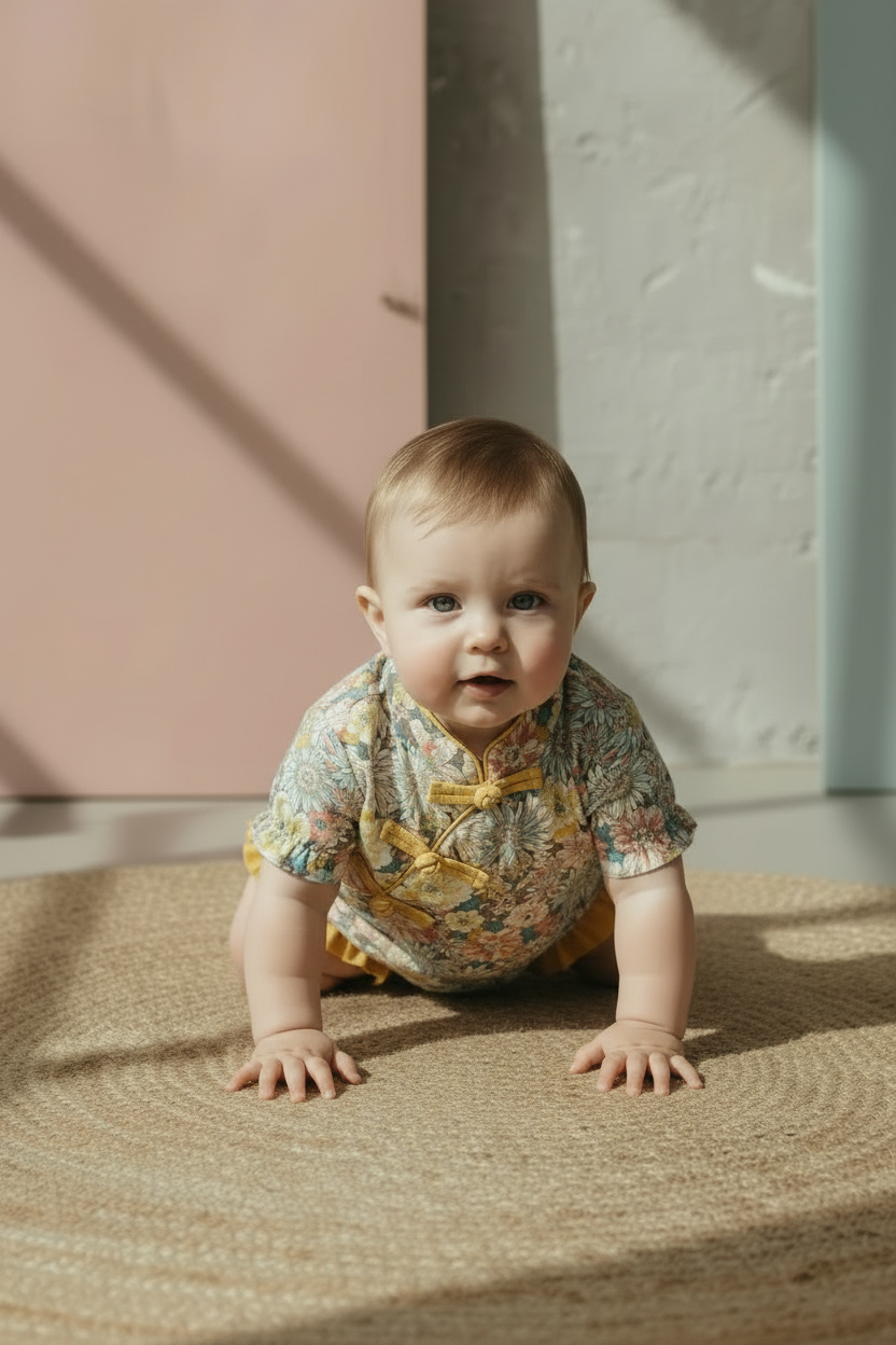 Hyperrealistic baby crawling in romper