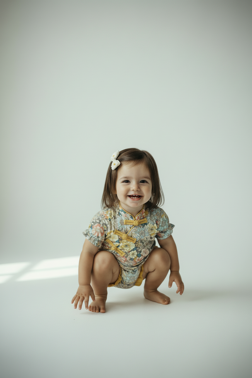 Hyperrealistic photograph of toddler crouching in romper