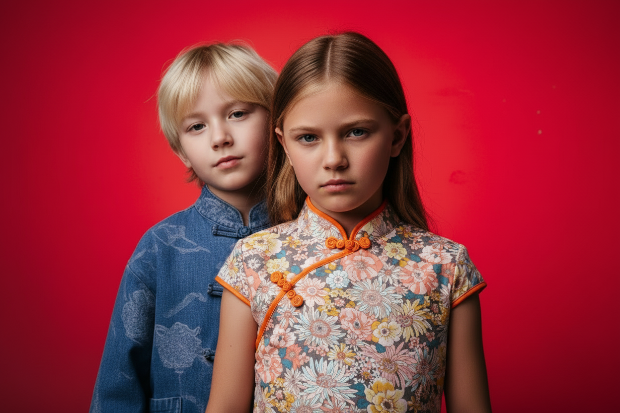 Photorealistic girl in floral dress with boy in denim jacket, no logo